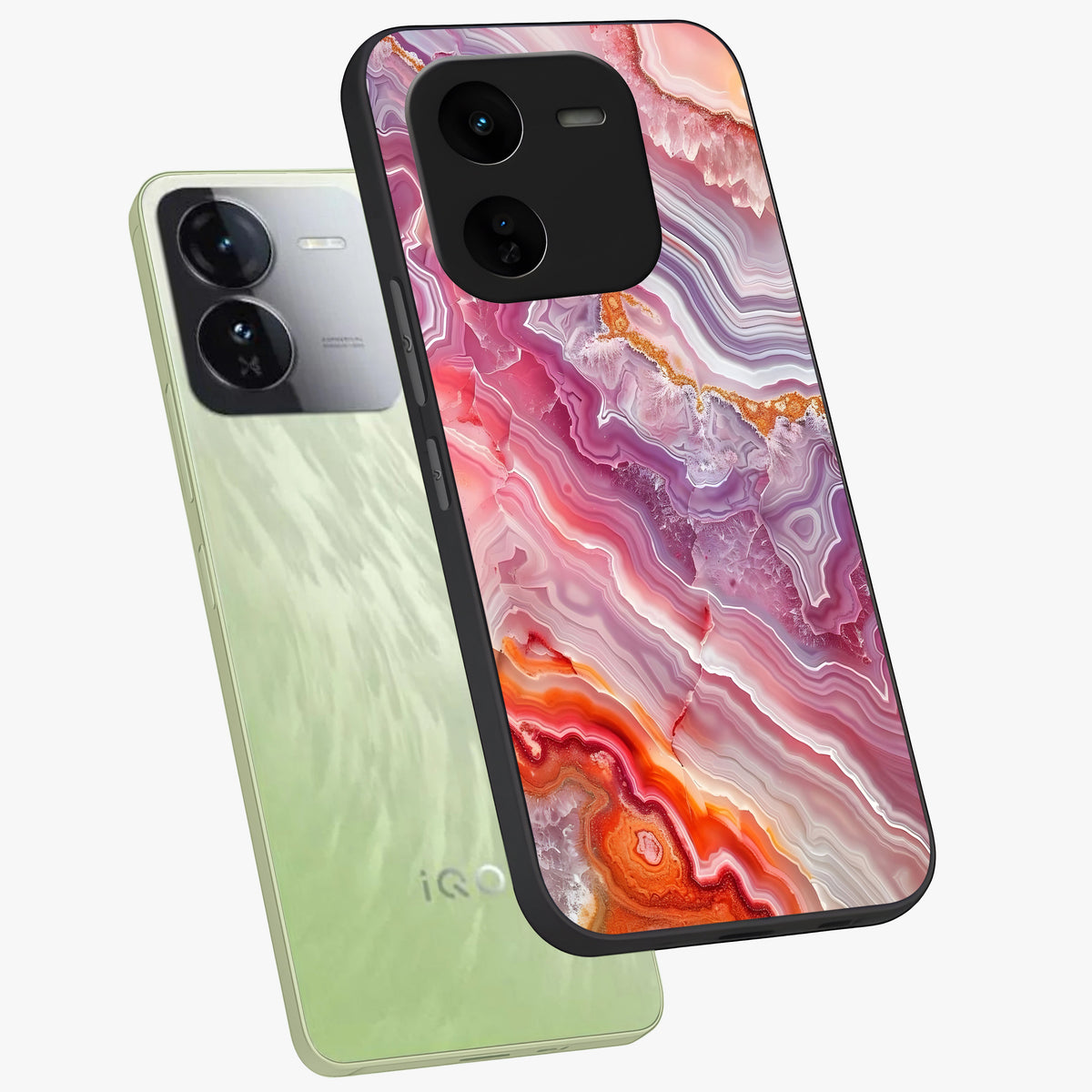 Rose Quartz Marble Glass Case displayed in angled mockup highlighting elegant marble pattern with soft aesthetic style.