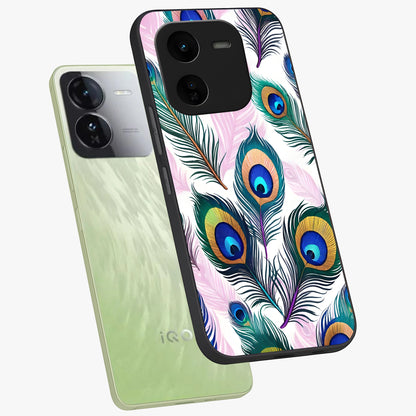 Royal Peacock Feathers Glass Case displayed in angled mockup highlighting vibrant feather pattern with regal aesthetic style.