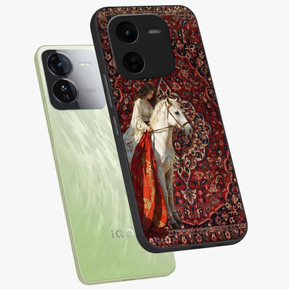 Royal Rider Tapestry Glass Case displayed in angled mockup highlighting traditional tapestry design with royal heritage aesthetic.