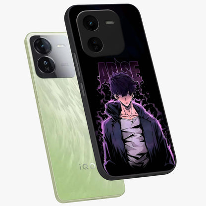 Shadow Monarch Awakening Glass Case displayed in angled mockup highlighting dramatic shadow warrior design with fantasy aesthetic.