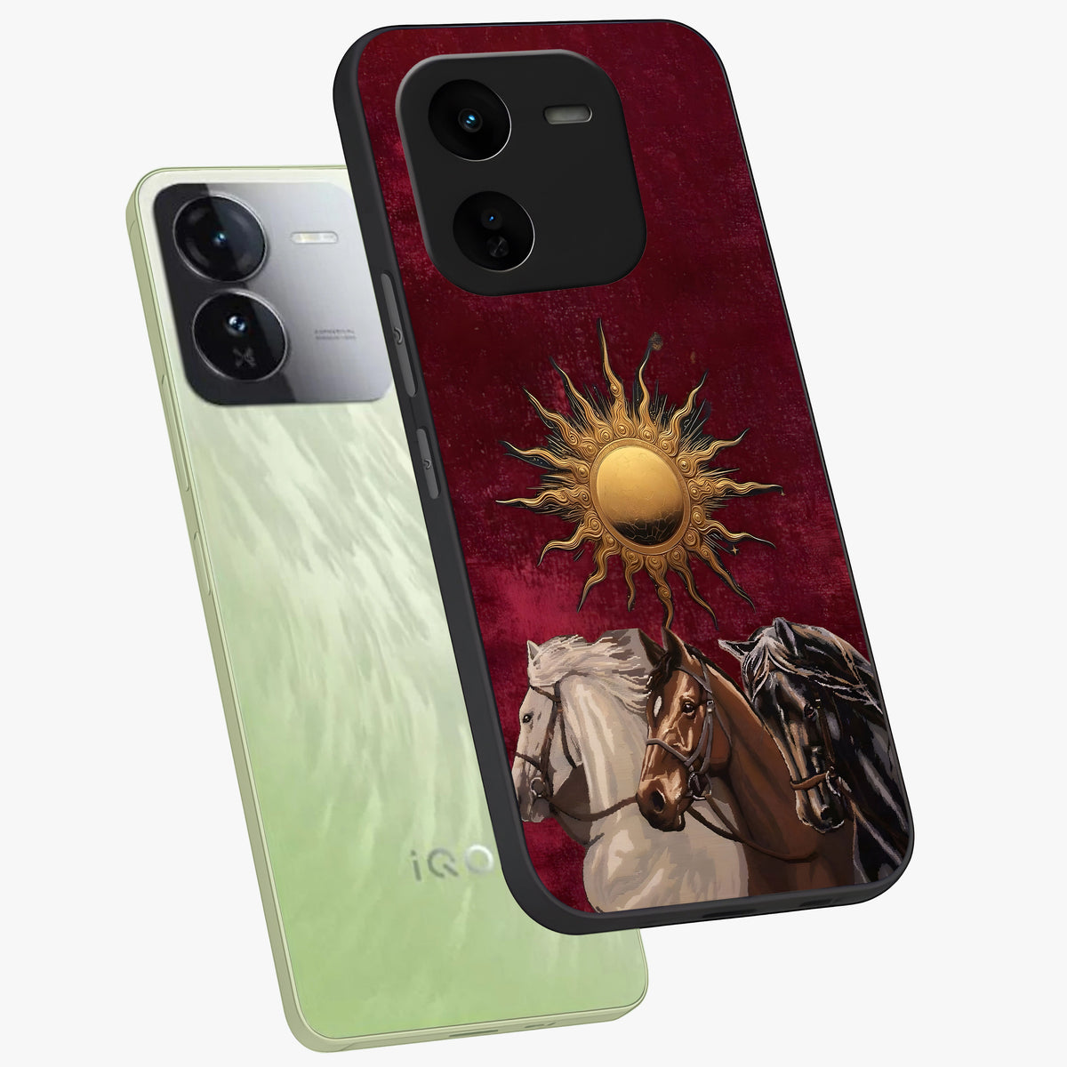 Solar Riders Glass Case displayed in angled mockup highlighting powerful rider illustration with radiant solar aesthetic.