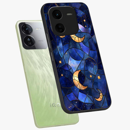 Starlit Sky Tapestry Glass Case displayed in angled mockup highlighting celestial night pattern with artistic aesthetic style.