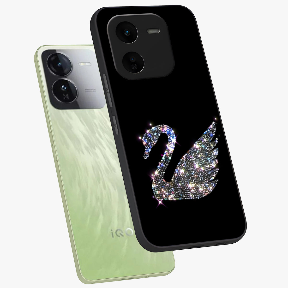 Starlit Swan Grace Glass Case displayed in angled mockup highlighting elegant swan illustration with dreamy celestial aesthetic.