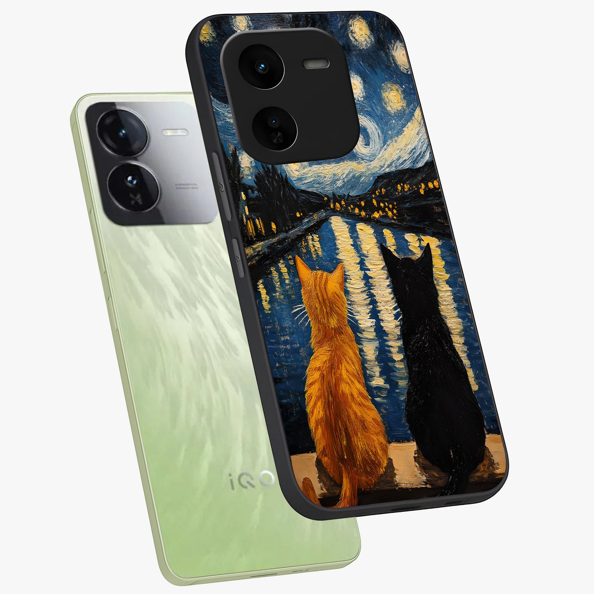 Starry River Cats Glass Case displayed in angled mockup highlighting charming feline illustration with dreamy night aesthetic.
