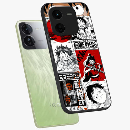 Strawhat Chaos Panels Glass Case displayed in angled mockup highlighting vibrant anime collage design with action aesthetic.