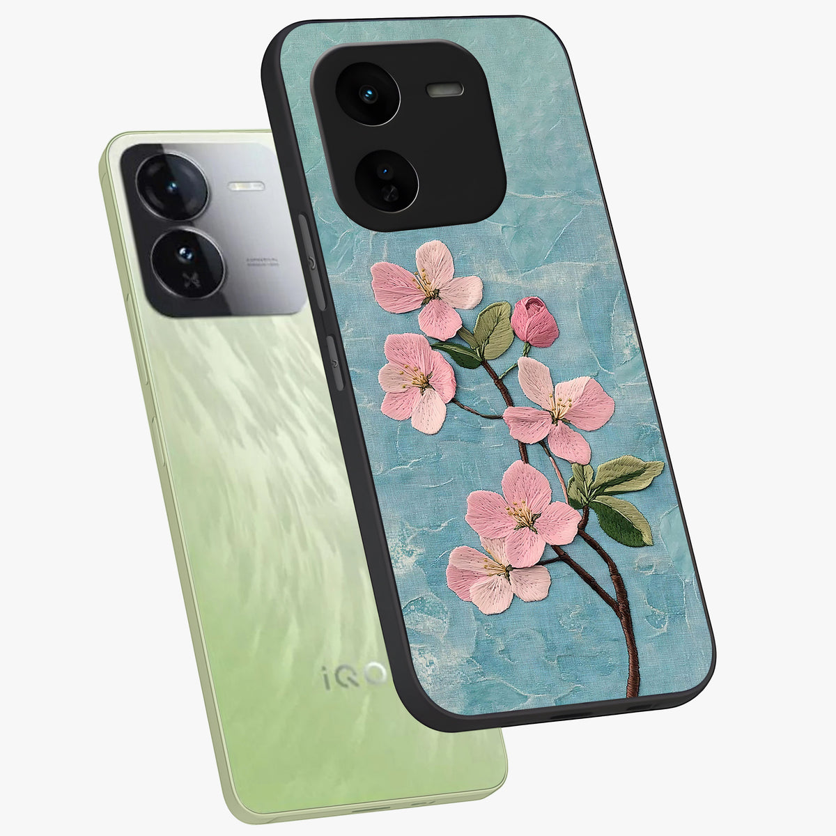 Threaded Blossom Breeze Glass Case displayed in angled mockup highlighting elegant floral design with soft aesthetic style.