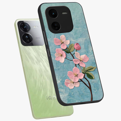 Threaded Blossom Breeze Glass Case displayed in angled mockup highlighting elegant floral design with soft aesthetic style.