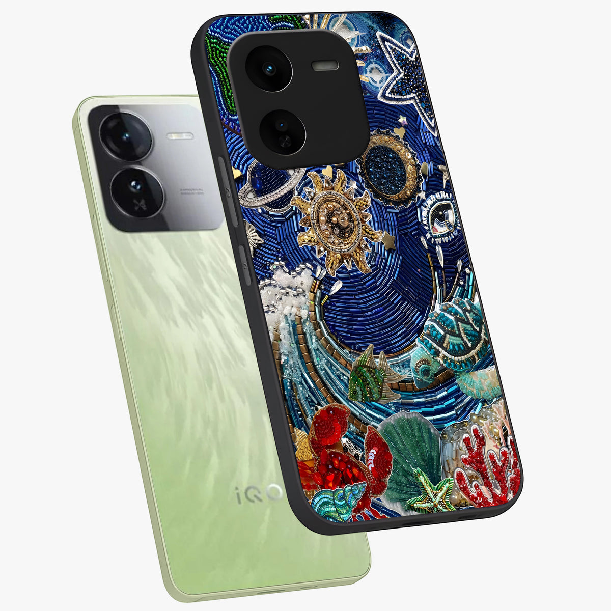 Universe Underwater Spark Glass Case displayed in angled mockup highlighting glowing aquatic design with celestial aesthetic.