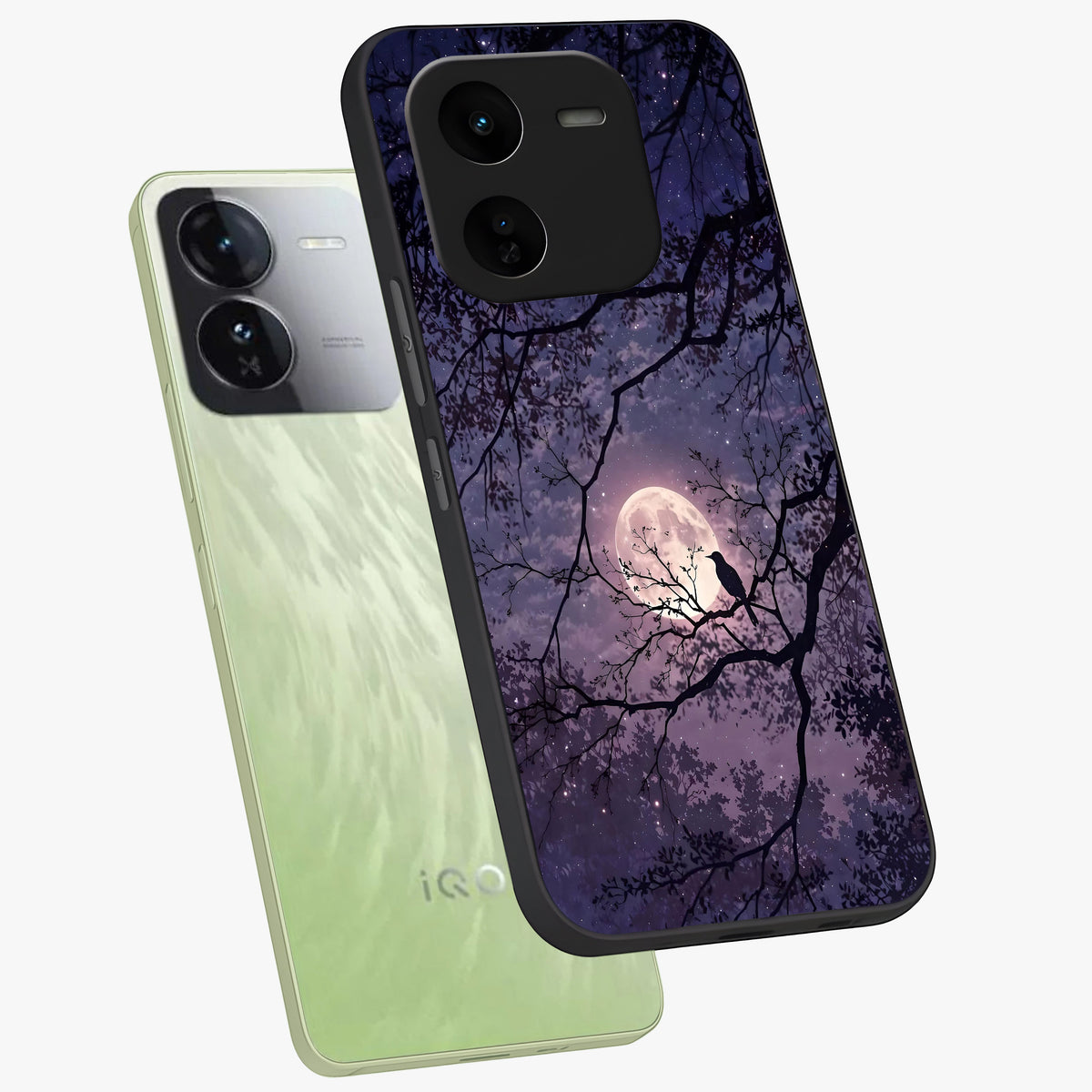 Whispering Moon Silence Glass Case displayed in angled mockup highlighting calm lunar design with dreamy night aesthetic.