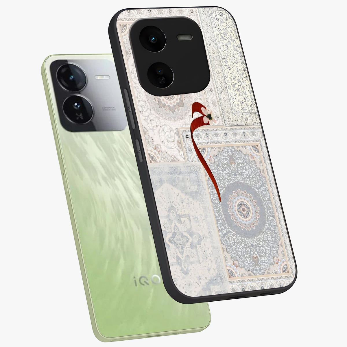 White Aesthetic Bow Glass Case displayed in angled mockup highlighting clean bow design with soft aesthetic style.
