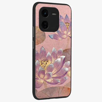 Blossom Mist Lotus Glass Case upright view showcasing graceful lotus flower design with peaceful botanical style.