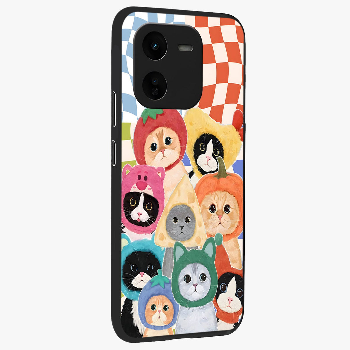 Cats in Fruits Glass Case upright view showcasing charming cat artwork with fun fruity theme.