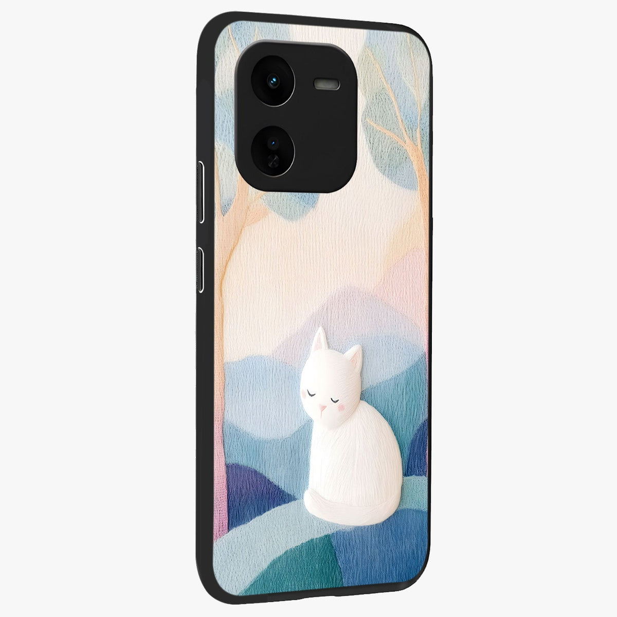 Cotton Dream Cat Glass Case upright view showcasing charming cat artwork with cozy dreamy theme.