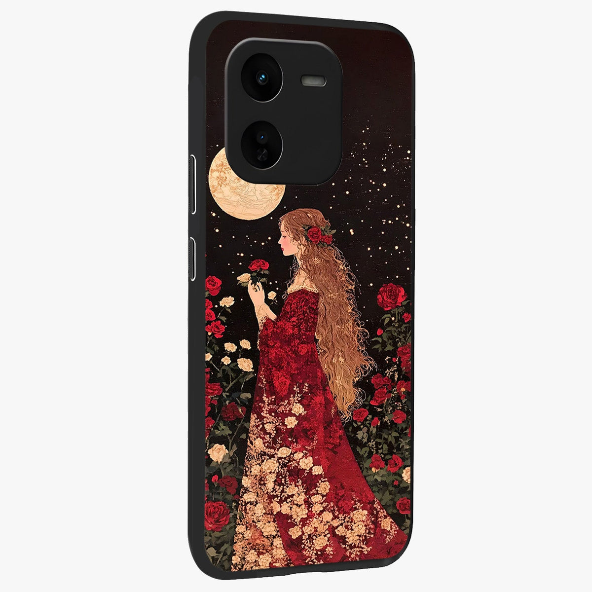 Crimson Dreams Glass Case upright view showcasing dreamy red toned artwork with modern aesthetic style.