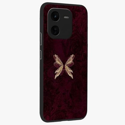 Crimson Fade Butterfly Glass Case upright view showcasing graceful butterfly artwork with soft crimson fade effect.