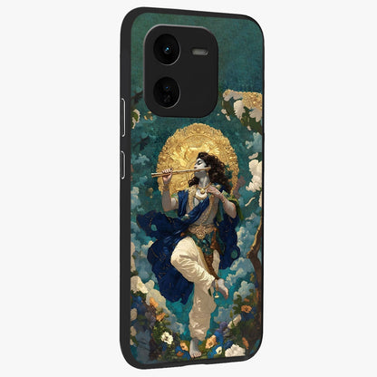 Divine Krishna Art Glass Case upright view showcasing divine Krishna artwork with sacred artistic theme.