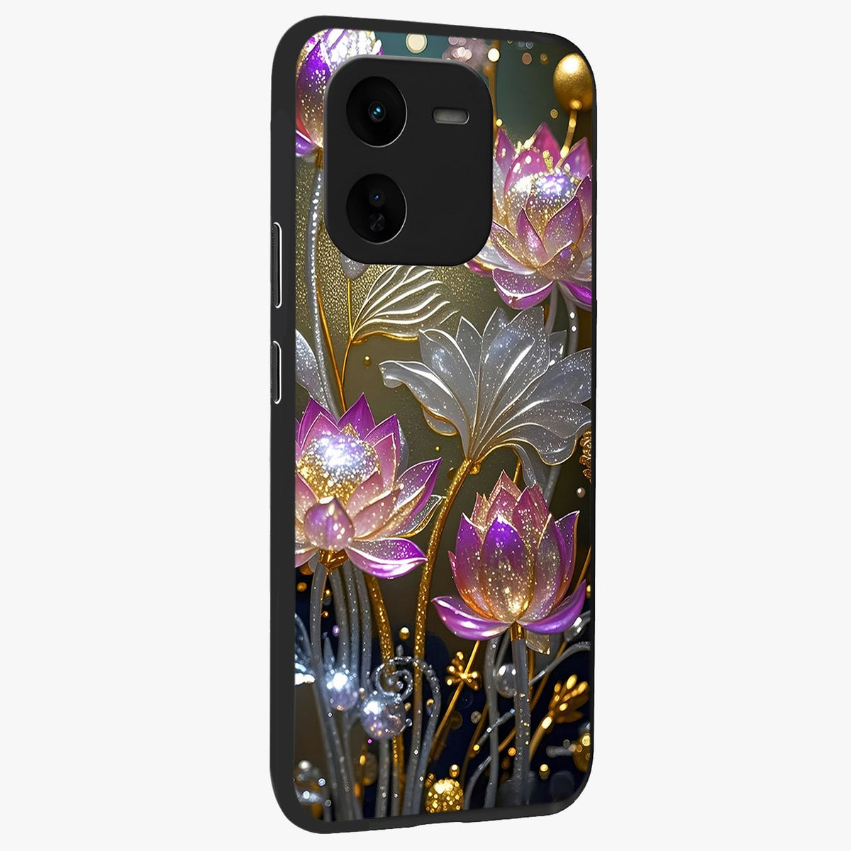 Golden Floral Majesty Glass Case upright view showcasing majestic floral artwork with rich decorative theme.