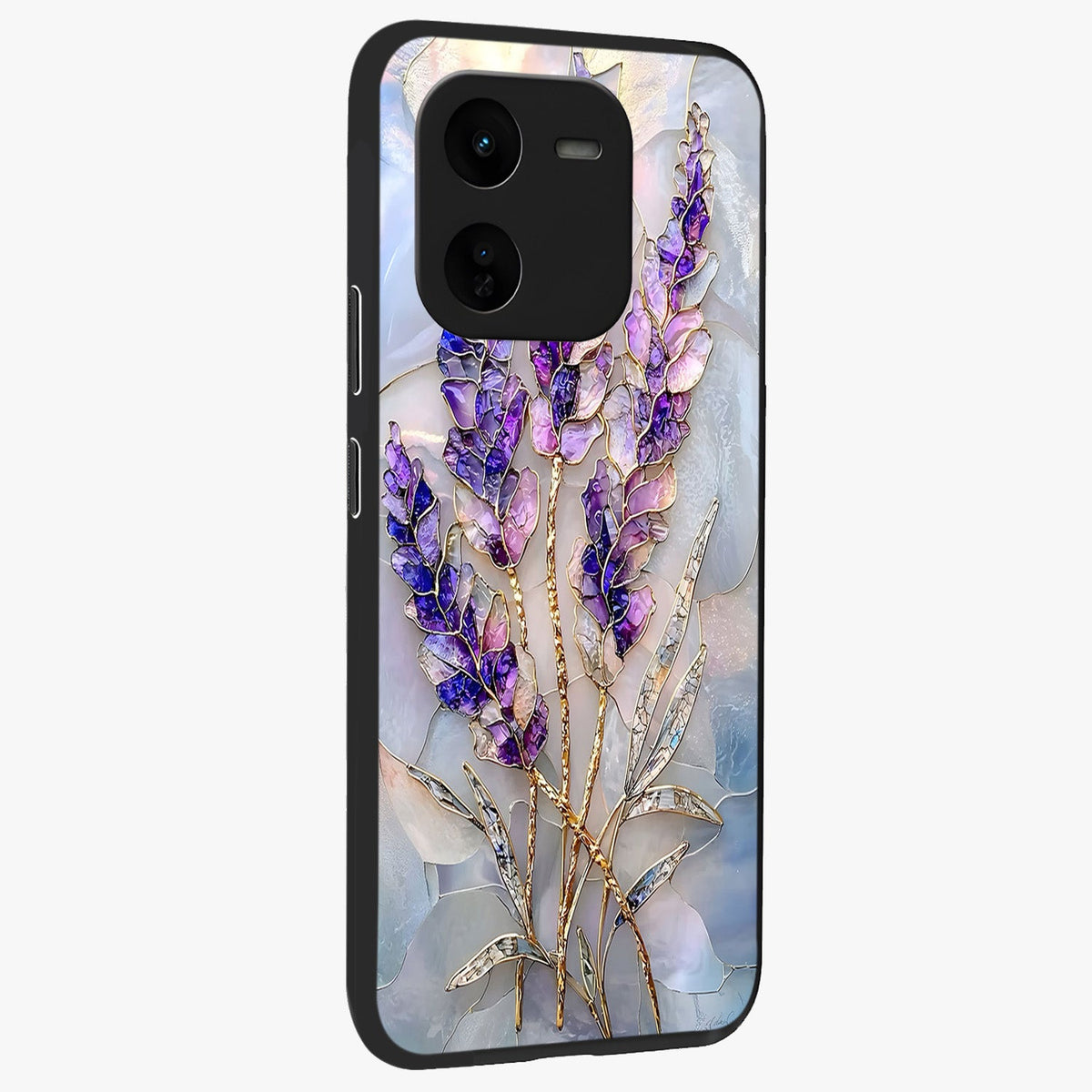 Lavender Dream Glow Glass Case upright view showcasing radiant lavender glow artwork with calming dreamy theme.