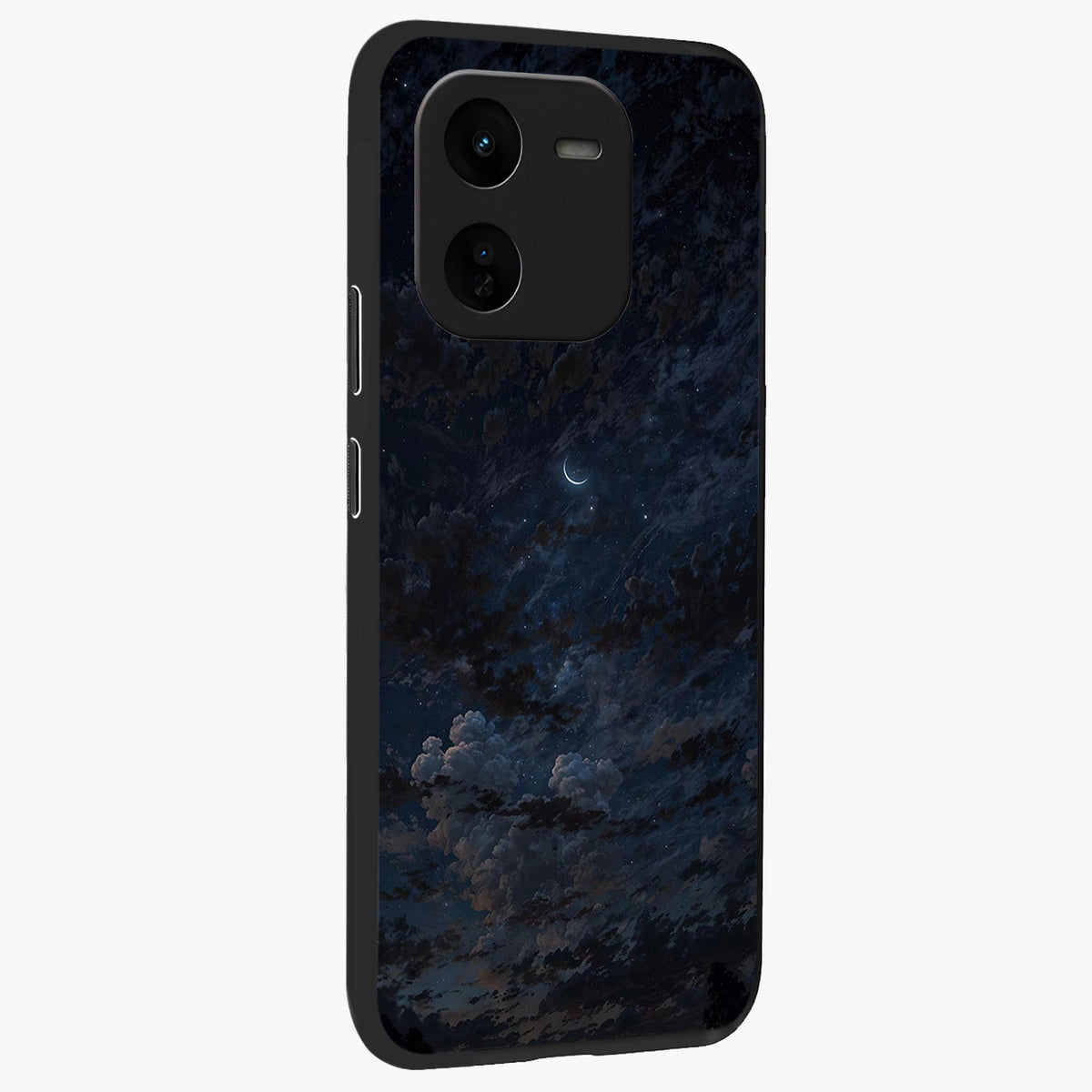 Lunar Veil Silence Glass Case upright view showcasing calm moon themed artwork with serene night atmosphere.