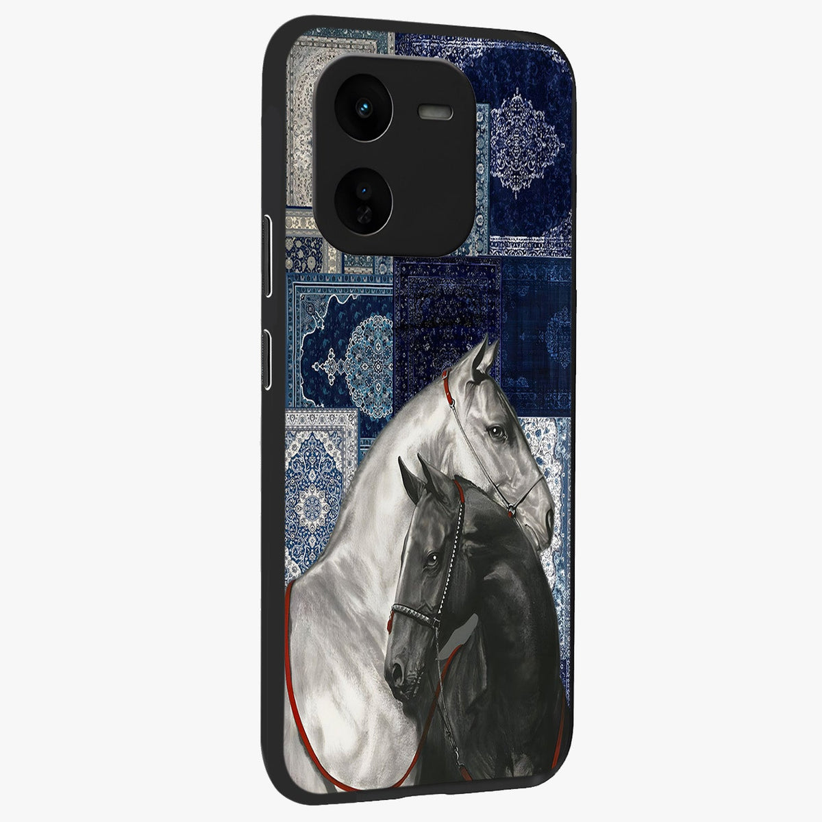 Midnight Stallion Blues Glass Case upright view showcasing dramatic horse artwork with bold artistic theme.