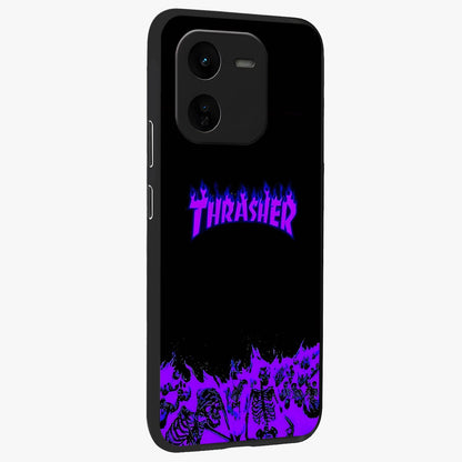 Neon Flame Riot Glass Case upright view showcasing dynamic flame artwork with energetic neon theme.