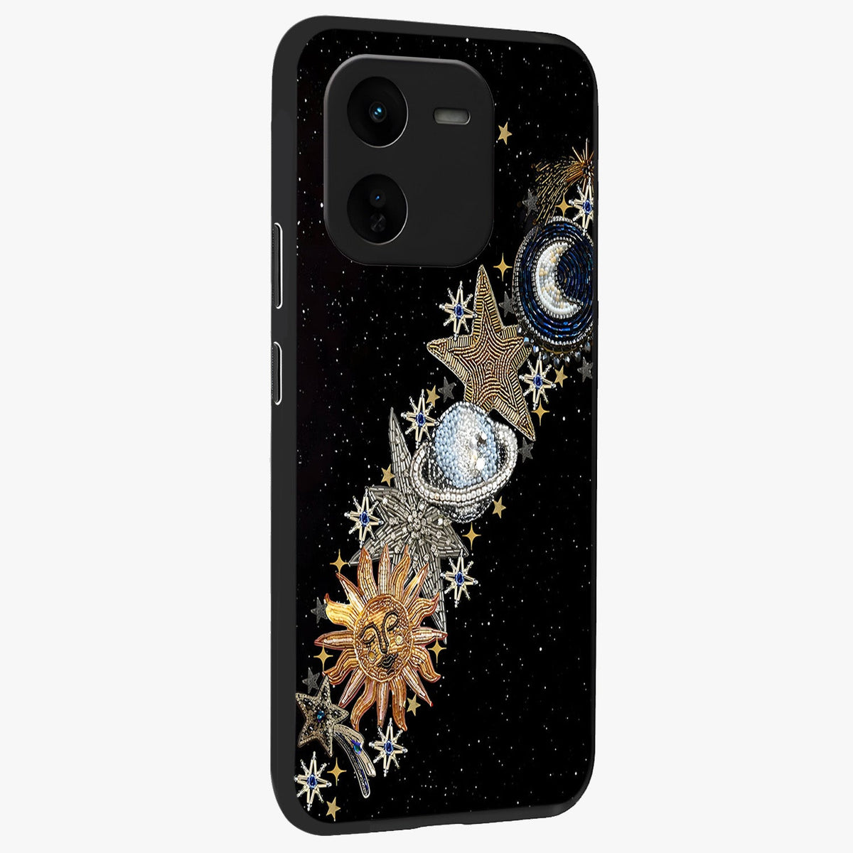 Pearls Universe Object Glass Case upright view showcasing decorative pearl themed artwork with cosmic elegance.