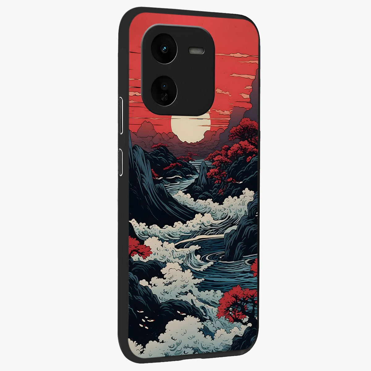 Red Sunset Scenery Glass Case upright view showcasing dramatic sunset scenery artwork with warm nature theme.