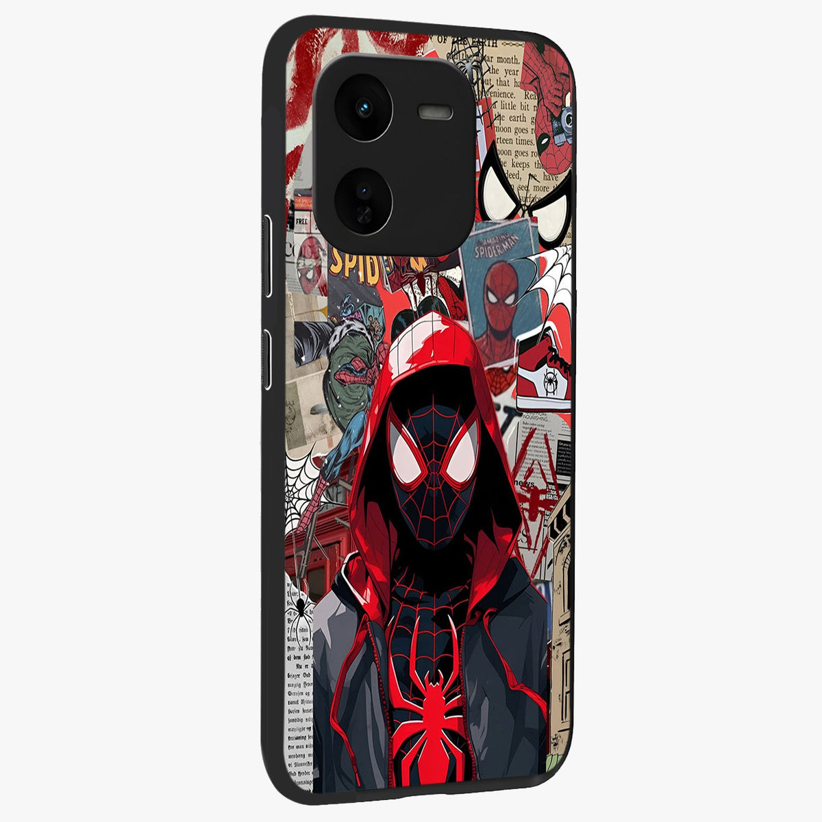 Spider Collage Street Glass Case upright view showcasing bold superhero artwork with urban street theme.