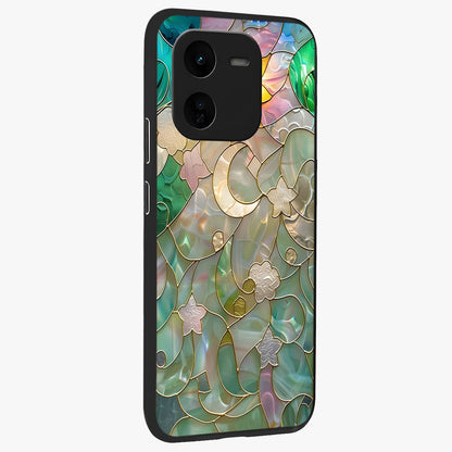 Stained Sunrise Glow Glass Case upright view showcasing colorful sunrise artwork with warm morning theme.