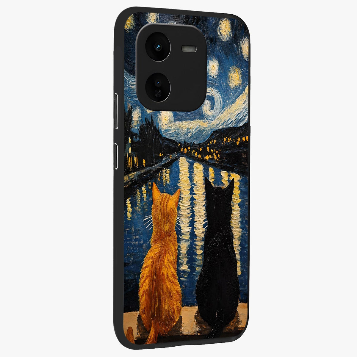 Starry River Cats Glass Case upright view showcasing adorable cat artwork with magical river and stars theme.