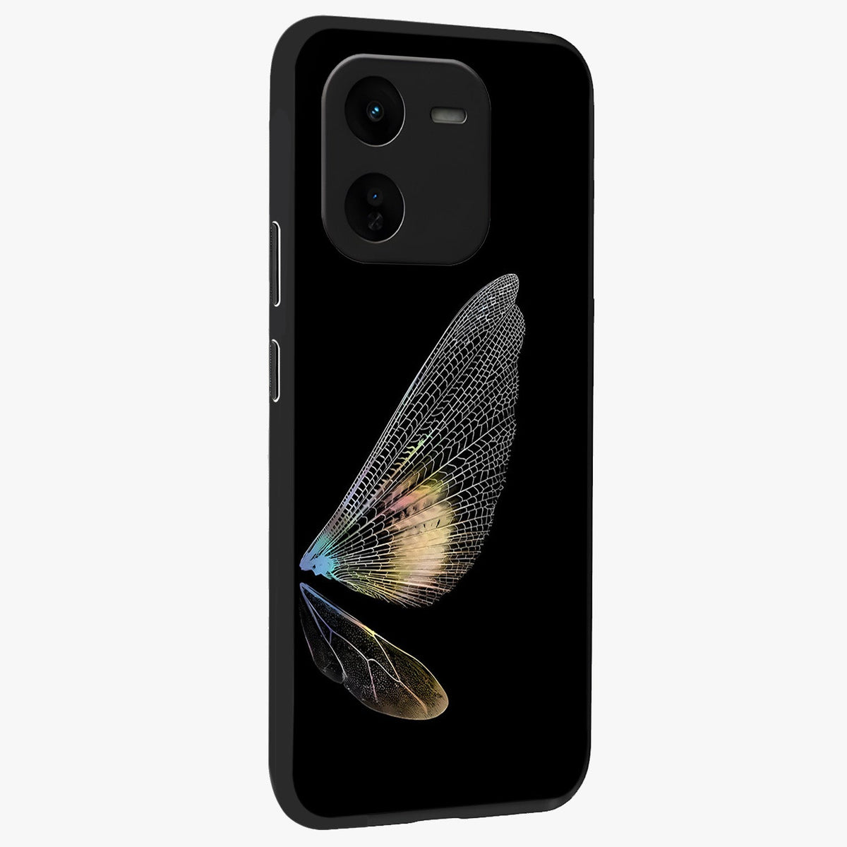 Whispers Of Wings Glass Case upright view showcasing elegant wing artwork with light airy theme.