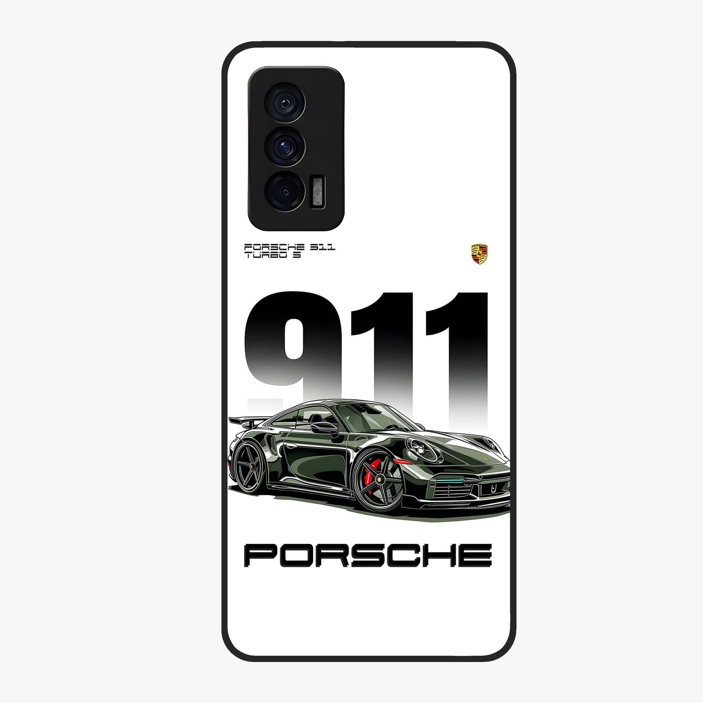911 Turbo Dominance Glass Case showing clean flat back view with bold 911 sports car artwork and glossy glass finish.