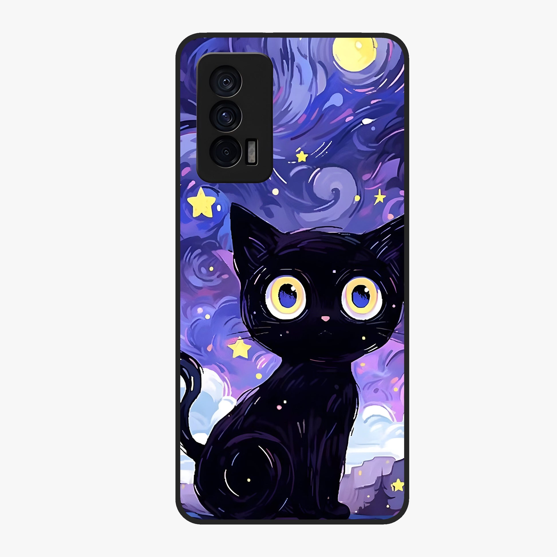 Abstract Cat Art Glass Case showing flat back view with artistic cat illustration and glossy glass finish.