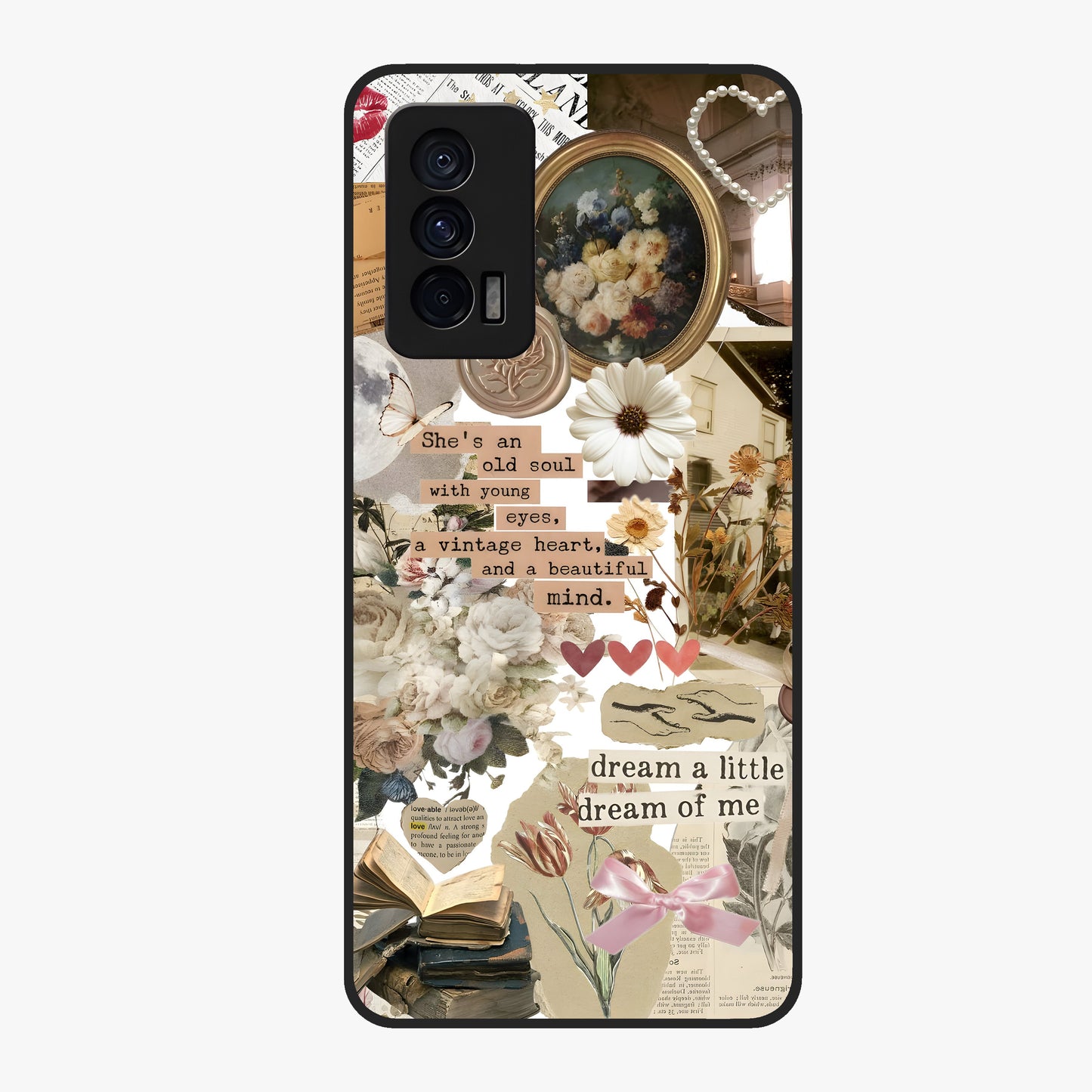Aesthetic Brown Vintage Collage Glass Case showing flat back view with retro collage artwork and glossy glass finish.