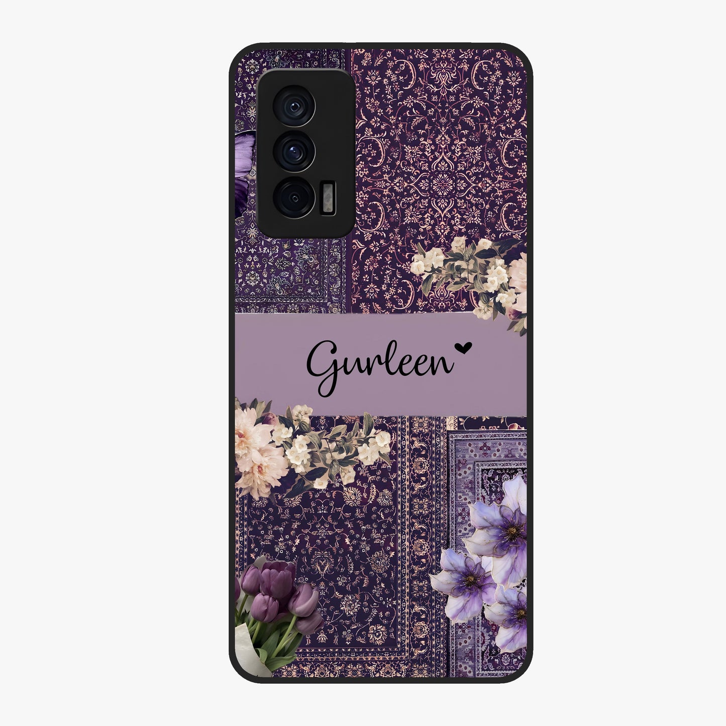 Antique Floral Whisper Custom Name Glass Case showing flat back view with vintage floral artwork and personalized name design.