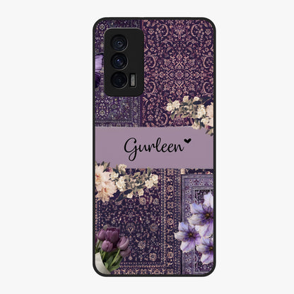 Antique Floral Whisper Custom Name Glass Case showing flat back view with vintage floral artwork and personalized name design.