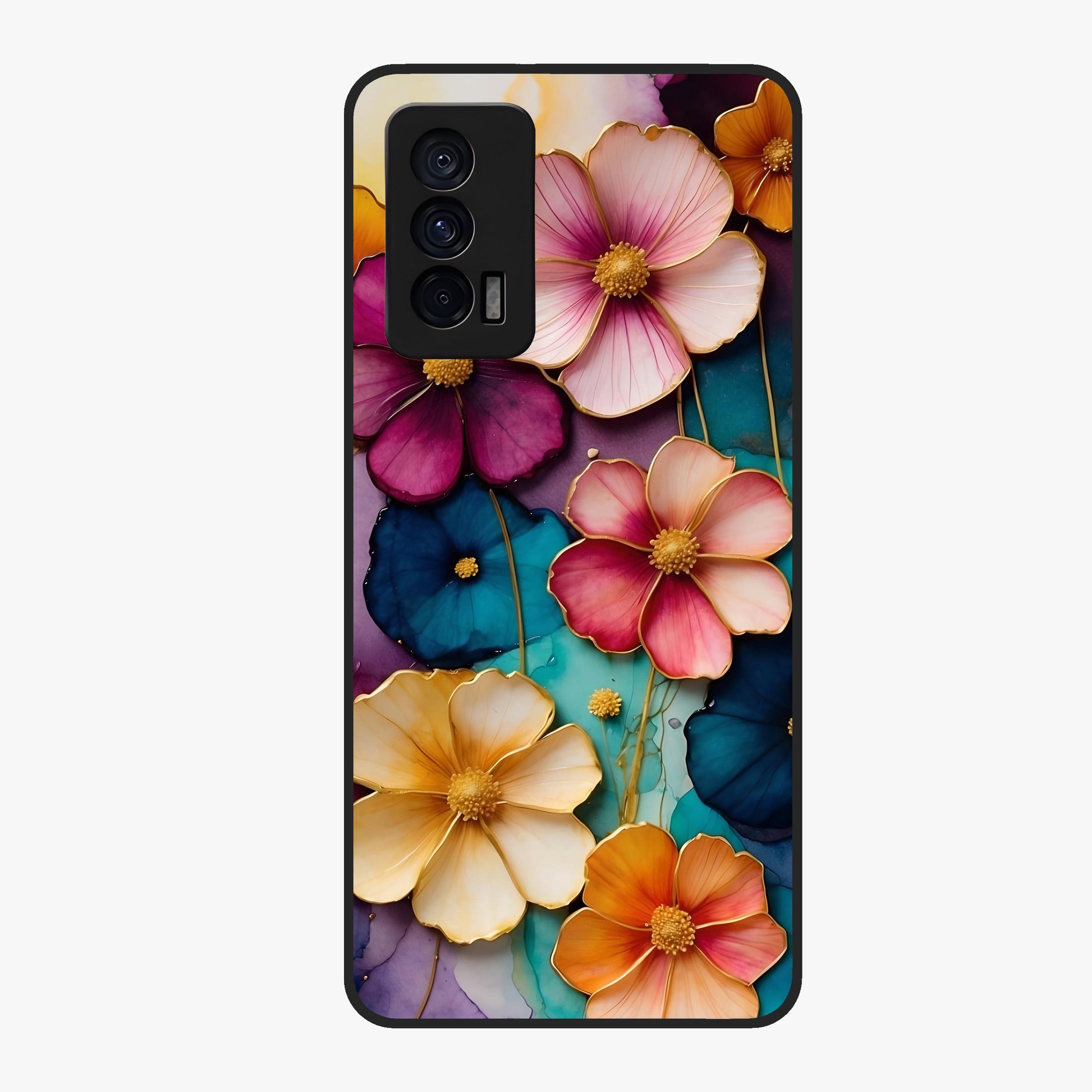 Artlyn Grace Flower Pattern Glass Case showing flat back view with elegant floral pattern artwork and glossy glass finish.
