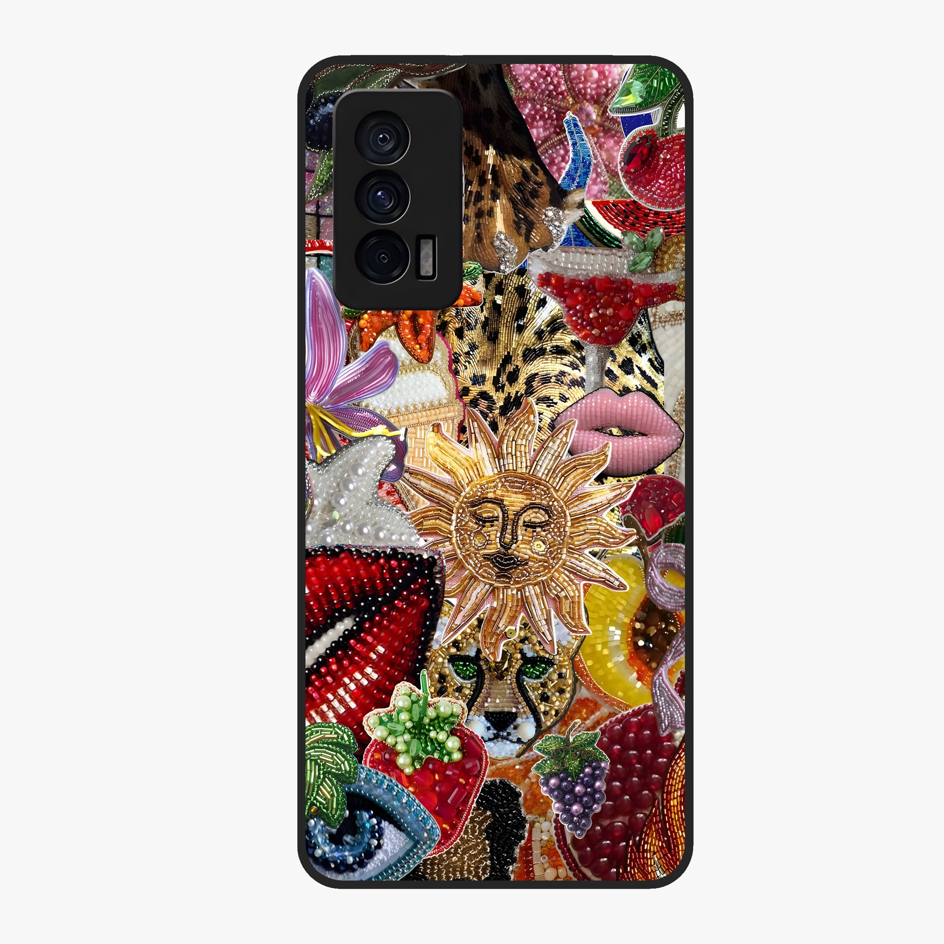Beaded Fashion Jungle Glass Case showing flat back view with vibrant jungle inspired bead artwork and glossy glass finish.