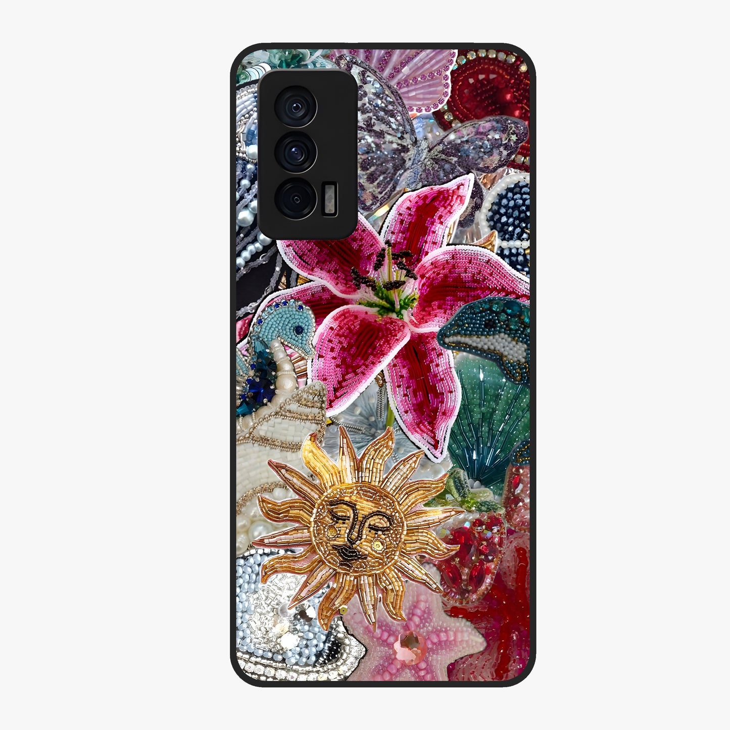 Beaded Garden Fantasy Glass Case showing flat back view with dreamy garden bead artwork and glossy glass finish.