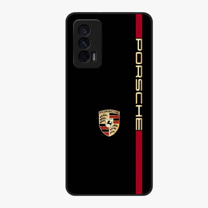 Black Minimal Porsche Glass Case showing flat back view with sleek minimal sports car artwork and glossy glass finish.