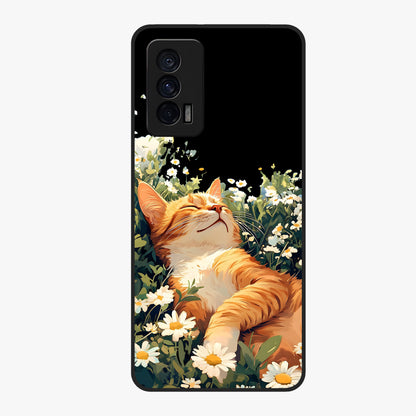 Blissful Bloom Cat Glass Case showing flat back view with cute cat and floral bloom artwork and glossy glass finish.