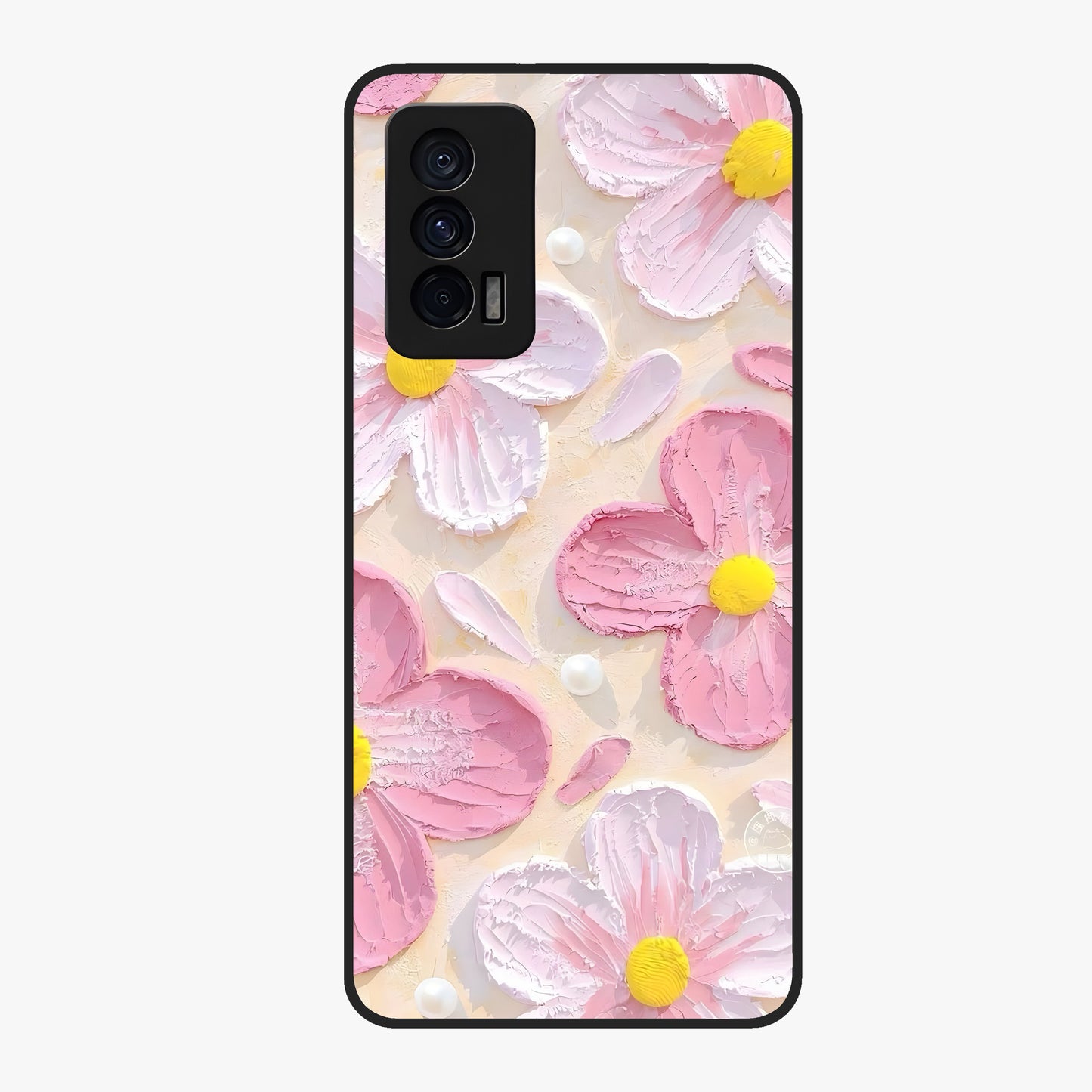 Blush Bloom Texture Glass Case showing flat back view with soft blush floral texture artwork and glossy glass finish.
