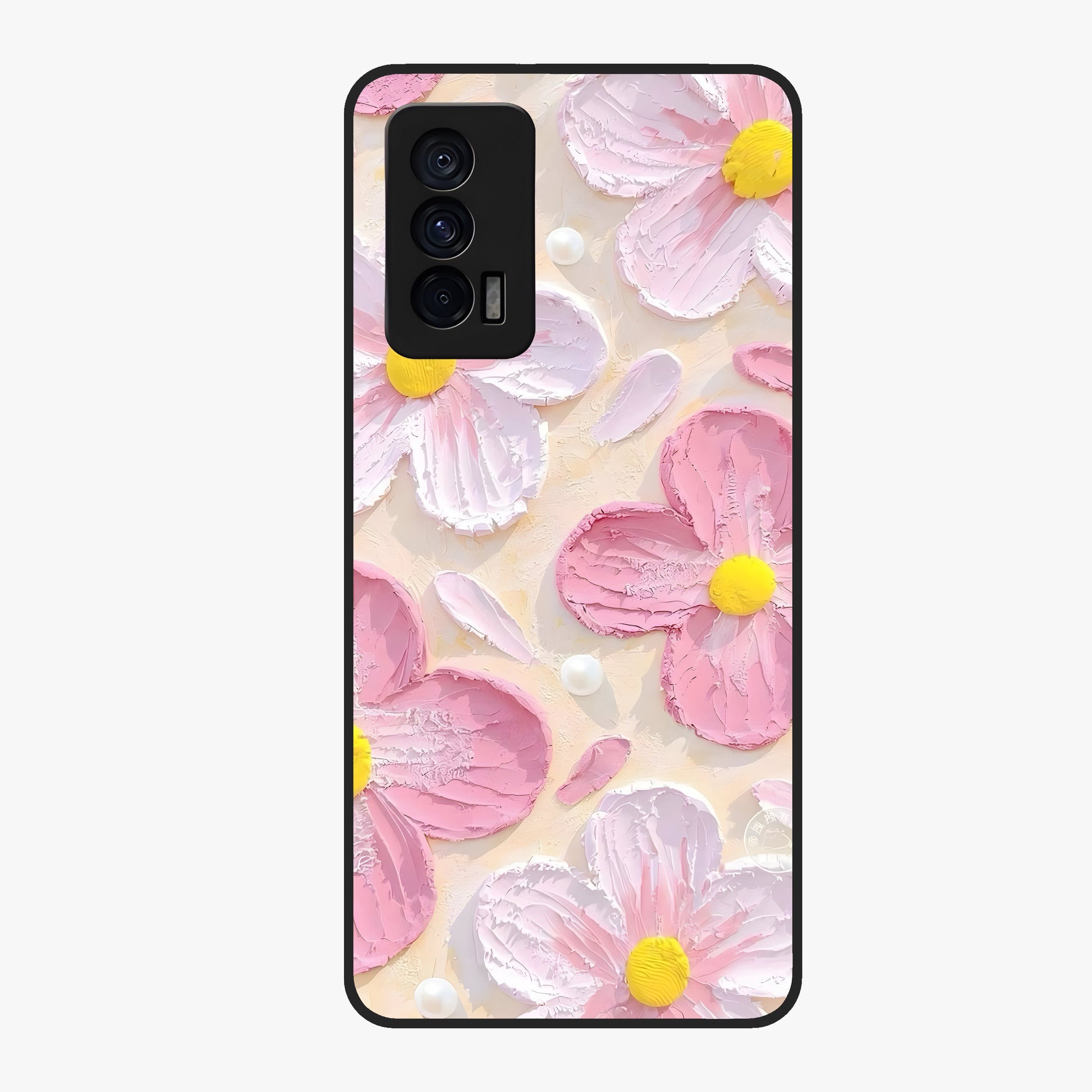 Blush Bloom Texture Glass Case showing flat back view with soft blush floral texture artwork and glossy glass finish.