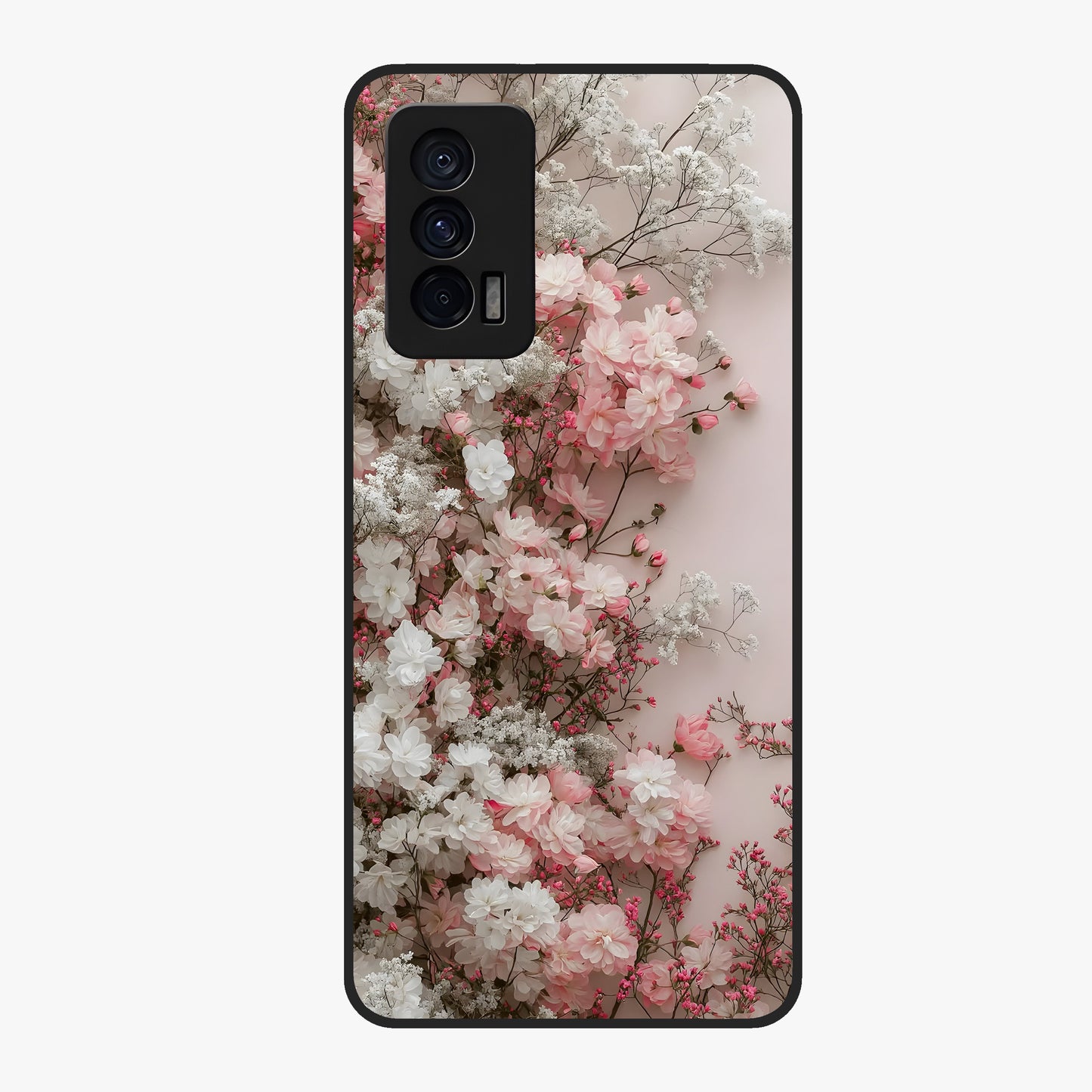 Blush Blossom Cloud Glass Case showing flat back view with dreamy blush cloud blossom artwork and glossy glass finish.