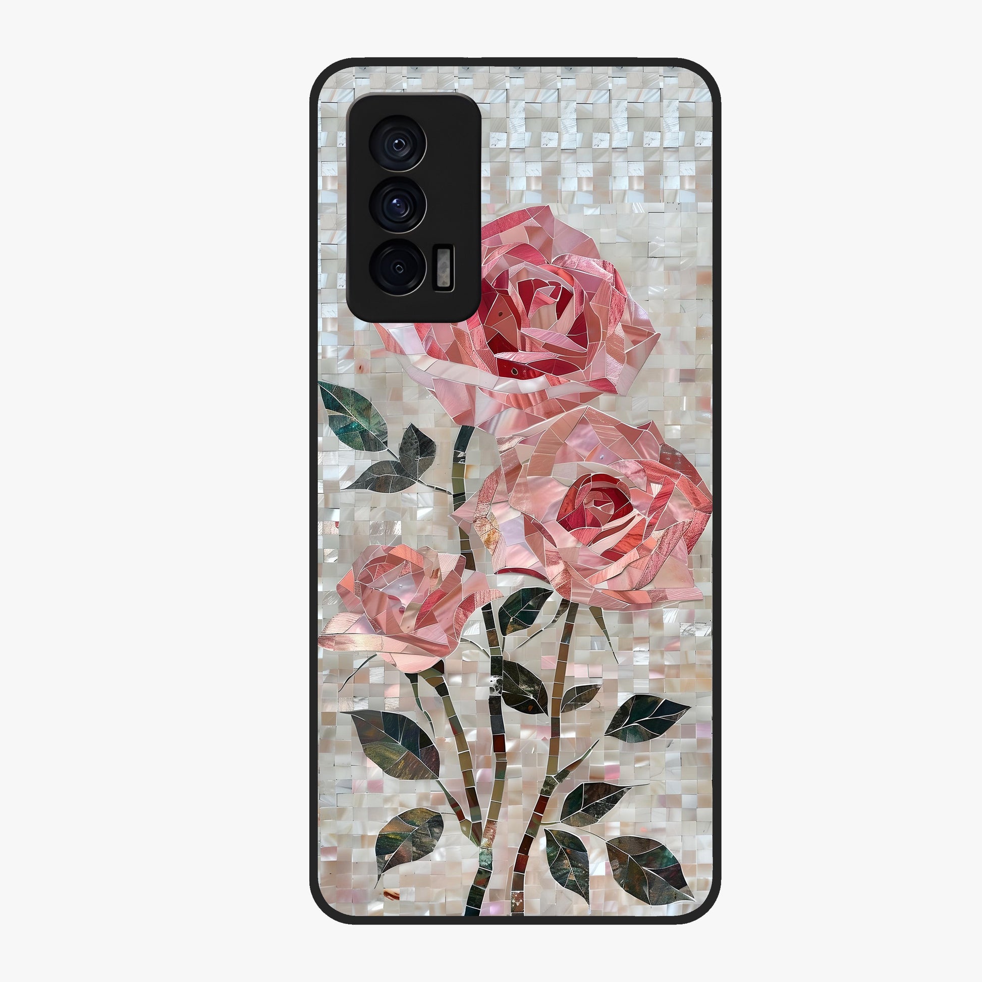 Blush Mosaic Bloom Glass Case showing flat back view with mosaic floral bloom artwork and glossy glass finish.