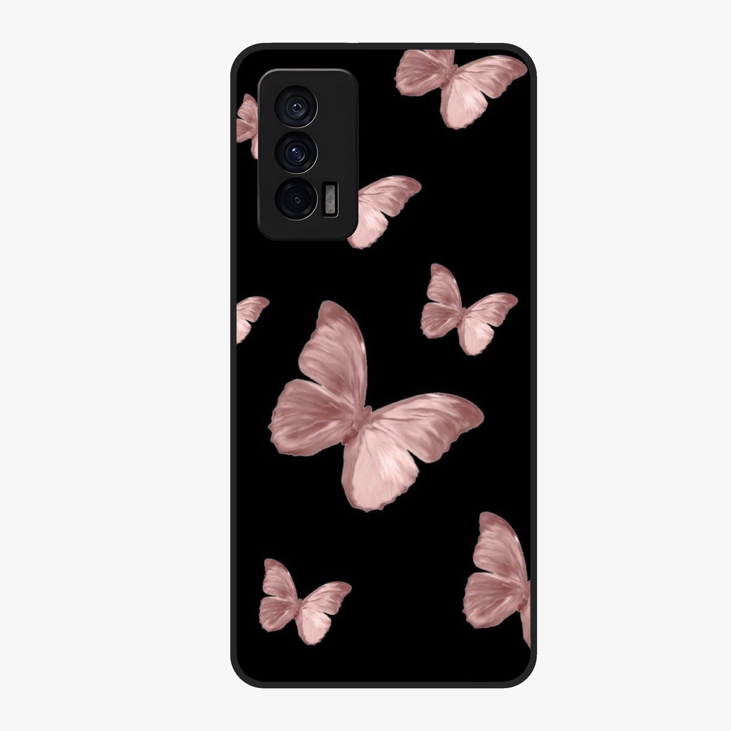 Butterfly Pattern Glass Case showing flat back view with elegant butterfly pattern artwork and glossy glass finish.