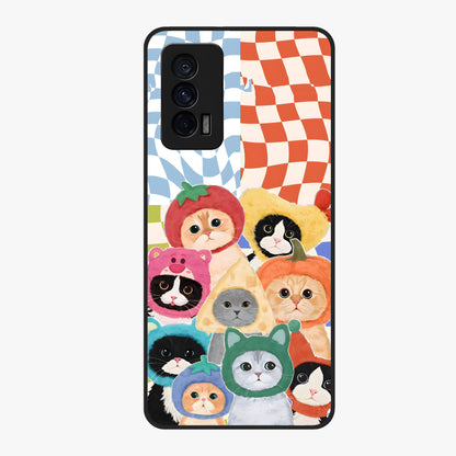 Cats in Fruits Glass Case showing flat back view with playful cat illustrations inside fruit artwork and glossy glass finish.