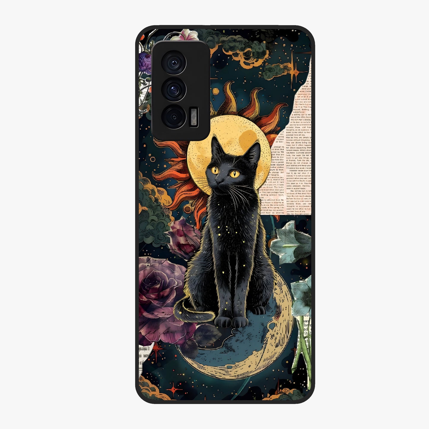 Celestial Black Cat Glass Case showing flat back view with mystical black cat artwork and glossy glass finish.