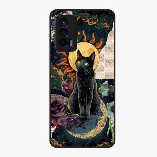 Celestial Black Cat Glass Case showing flat back view with mystical black cat artwork and glossy glass finish.