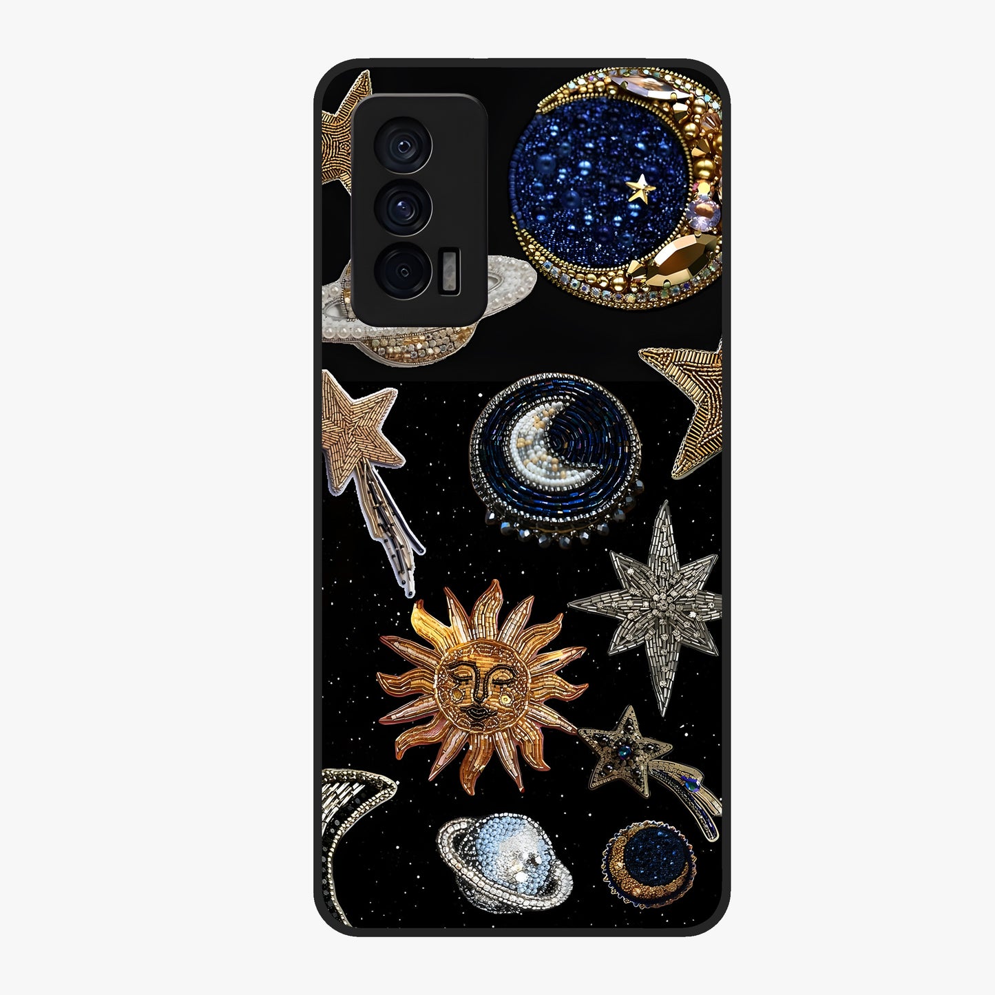 Celestial Gem Constellations Glass Case showing flat back view with sparkling constellation artwork and glossy glass finish.
